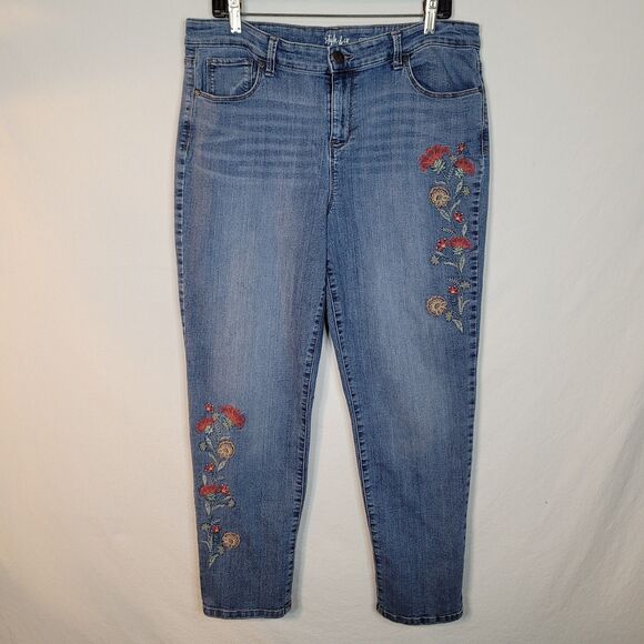 Style & Co Jeans Womens 14 Blue Curvy Boyfriend Floral Embroidered Ankle 34x27.5 - Picture 1 of 11